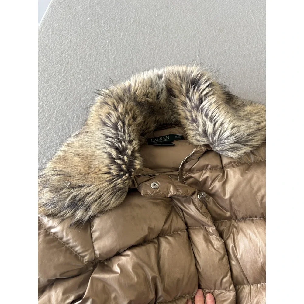 Lauren Ralph Lauren Coat‎ Womens XS Beige Puffer Faux Fur Hood Zip Pockets Warm